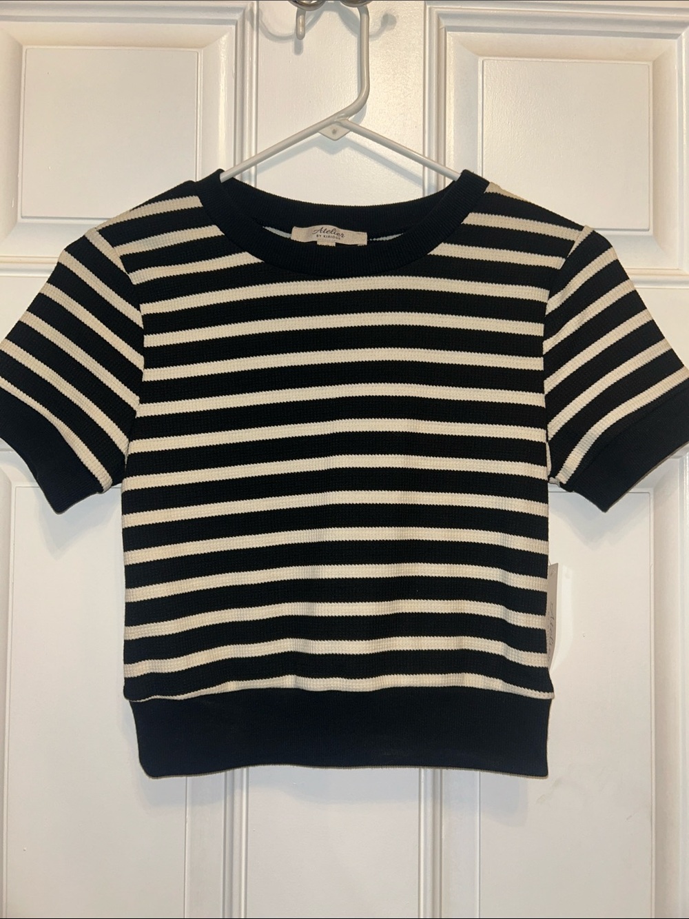 NWT Atelier by Kirious Black & White Striped Knit Short Sleeve Cropped Top